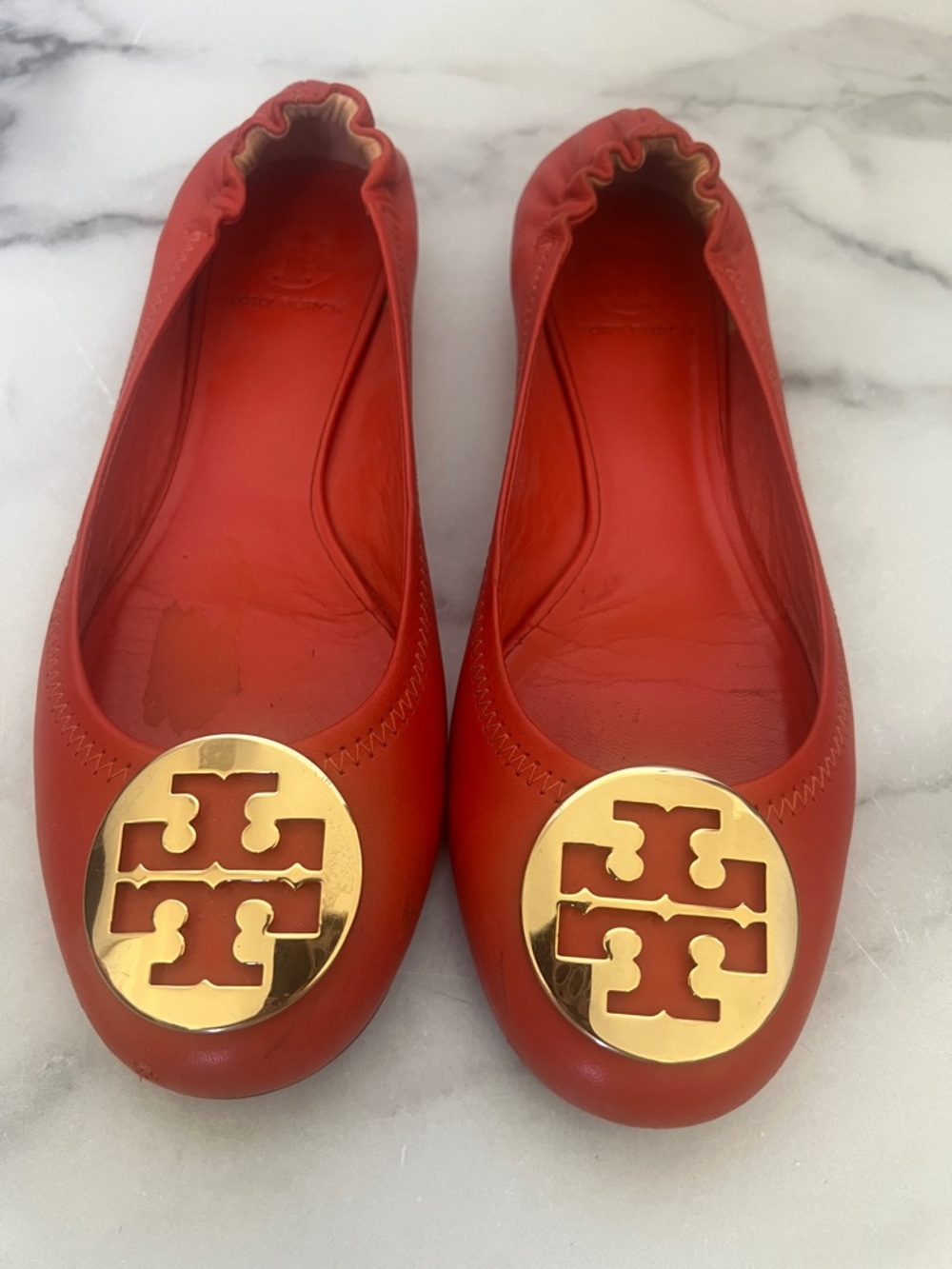 Tory Burch Orange Leather Logo Ballet Flats with Gold Emblem VGUC